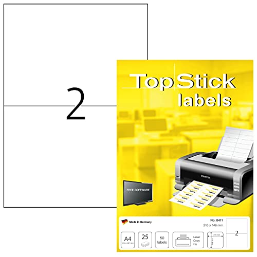 TopStick 8411 Universal Etiketten, 800 Blatt, 210 x 148 mm, 2 pro A4 Bogen, 1600 Stück, selbstklebend, bedruckbar, matt, blanko Papier Klebeetiketten Aufkleber, weiß von TopStick