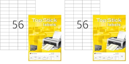 TopStick 8700 Universal Etiketten, 100 Blatt, 52,5 x 21,2 mm, 56 pro A4 Bogen, 5600 Stück, selbstklebend, bedruckbar, matt, blanko Papier Klebeetiketten Aufkleber, weiß (Packung mit 2) von TopStick