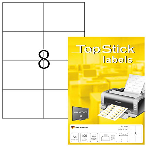 TopStick 8716 Universal Etiketten, 1000 Blatt, 105 x 74 mm, 8 pro A4 Bogen, 8000 Stück, selbstklebend, bedruckbar, matt, blanko Papier Klebeetiketten Aufkleber, weiß von TopStick