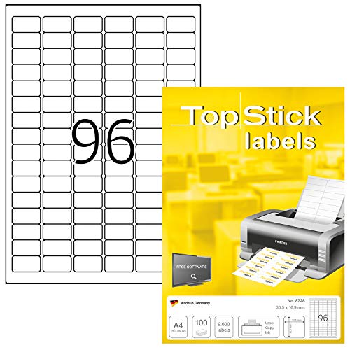 TopStick 8728 Universal Etiketten, 1000 Blatt, 30,5 x 16,9 mm, 96 pro A4 Bogen, 96000 Stück, selbstklebend, bedruckbar, matt, blanko Papier Klebeetiketten Aufkleber, weiß von TopStick