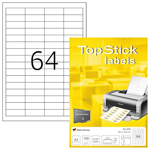 TopStick 8730 Universal Etiketten, 1000 Blatt, 48,3 x 16,9 mm, 64 pro A4 Bogen, 64000 Stück, selbstklebend, bedruckbar, matt, blanko Papier Klebeetiketten Aufkleber, weiß von TopStick