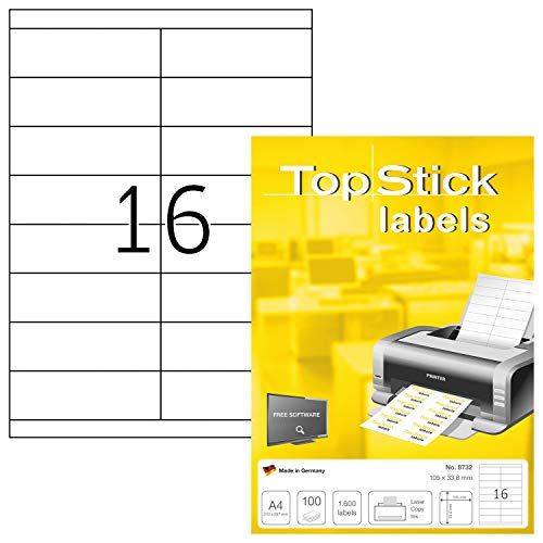 TopStick 8732 Universal Etiketten, 1000 Blatt, 105 x 33,8 mm, 16 pro A4 Bogen, 16000 Stück, selbstklebend, bedruckbar, matt, blanko Papier Klebeetiketten Aufkleber, weiß von TopStick