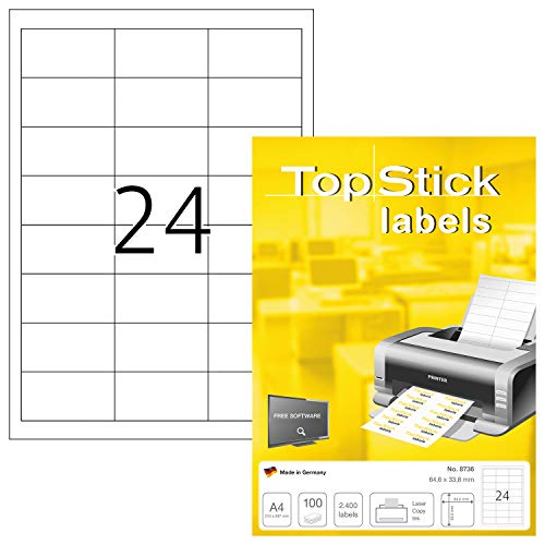 TopStick 8736 Universal Etiketten, 1000 Blatt, 64,6 x 33,8 mm, 24 pro A4 Bogen, 24000 Stück, selbstklebend, bedruckbar, matt, blanko Papier Klebeetiketten Aufkleber, weiß von TopStick