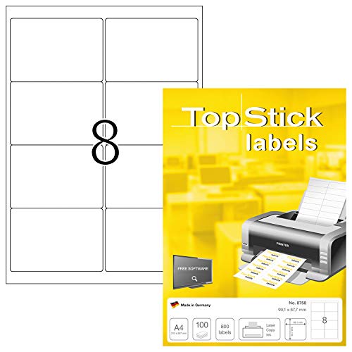 TopStick 8758 Adressetiketten, 1000 Blatt, 99,1 x 67,7 mm, 8 pro A4 Bogen, 8000 Stück, selbstklebend, bedruckbar, matt, blanko Papier Adressaufkleber Etiketten, weiß von TopStick