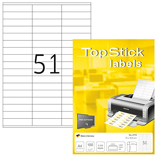 TopStick 8779 Universal Etiketten, 1000 Blatt, 70 x 16,9 mm, 51 pro A4 Bogen, 51000 Stück, selbstklebend, bedruckbar, matt, blanko Papier Klebeetiketten Aufkleber, weiß von TopStick