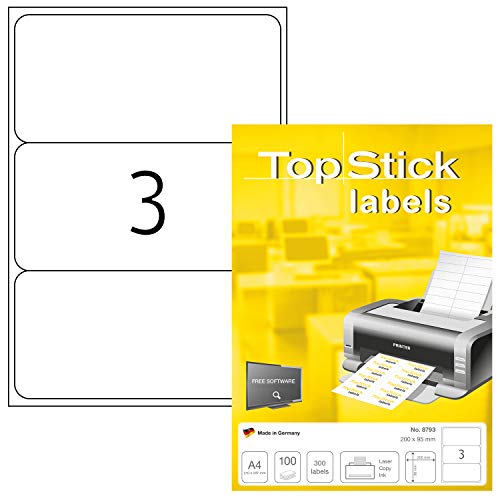 TopStick 8793 Universal Etiketten, 1000 Blatt, 200 x 95 mm, 3 pro A4 Bogen, 3000 Stück, selbstklebend, bedruckbar, matt, blanko Papier Klebeetiketten Aufkleber, weiß von TopStick