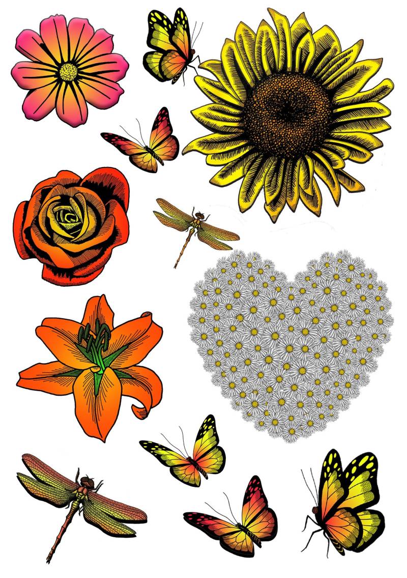 Festival Blume Sommer Temporäre Tattoos Sonnenblumen, Daisy, Schmetterling, Libelle Kostüm Accessoires von TopTats