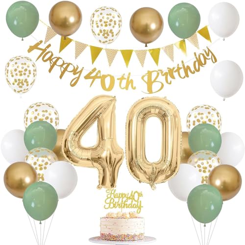 40 Geburtstag Dekorationen für Frauen, Salbeigrün Weiß Gold Geburtstagsballons mit Happy 40th Birthday Banner Cake Topper und Zahl 40 Folienballons von Topfunyy