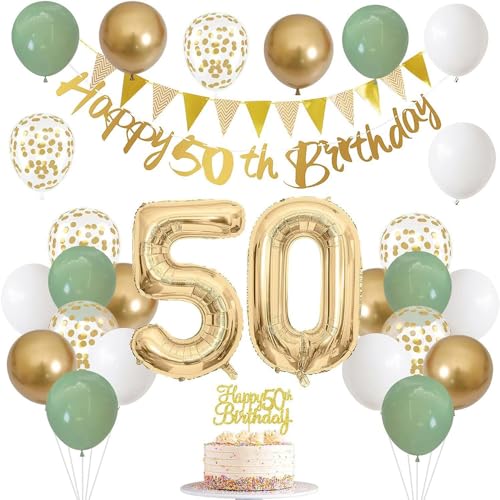 50 Geburtstag Dekorationen für Frauen, Salbeigrün Weiß Gold Geburtstagsballons mit Happy 50th Birthday Banner Cake Topper und Zahl 50 Folienballons von Topfunyy