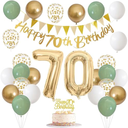 70 Geburtstag Dekorationen für Frauen, Salbeigrün Weiß Gold Geburtstagsballons mit Happy 70th Birthday Banner Cake Topper und Zahl 70 Folienballons von Topfunyy