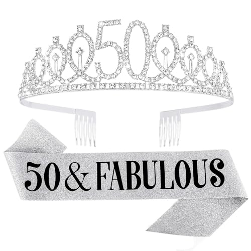 Topfunyy Geschenke zum 50. Geburtstag für Frauen – „50 & Fabulous“-Geburtstagsschärpe, silberne Kristall-Tiara-Krone für Frauen, Partyzubehör zum 50. Geburtstag von Topfunyy