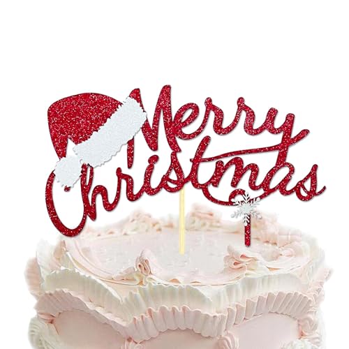 Merry Christmas Cake Topper Red Glitter Christmas Hat Topper Xmas Holiday Cake Picks for Christmas Party Birthday Wedding Decorations von Topfunyy