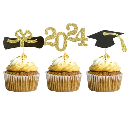 Topfunyy 24 Stück 2025 Graduation Cupcake Topper Congrats Grad Cake Topper mit Diplom, 2025, Grad Cap für Graduate Party Dekorationen Supplies von Topfunyy