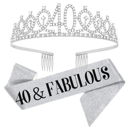 Topfunyy Geschenke zum 40. Geburtstag für Frauen – 40 & Fabulous Geburtstagsschärpe, silberne Kristall-Tiara-Krone für Frauen, Partyzubehör zum 40. Geburtstag von Topfunyy