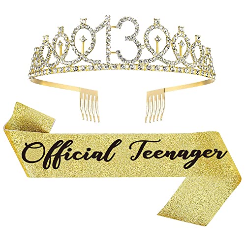 Topfunyy Tiara und Schärpe-Set zum 13. Geburtstag – Teenager-Schärpe, goldene Kristallkrone, Geburtstagsgeschenk für Mädchen, Partyzubehör zum 13. Geburtstag von Topfunyy