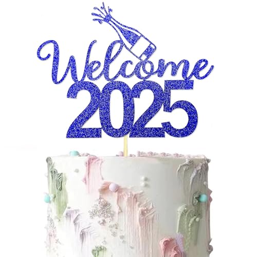 Welcome 2025 New Year Cake Topper - Blue Glitter Happy New Year Cake Topper, Hello 2025, Cheers to 2025 Cake Picks for Silvester, Christmas, Happy Holidays Party Decorations von Topfunyy