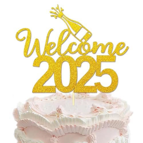 Welcome 2025 New Year Cake Topper - Gold Glitter Happy New Year Cake Topper, Hello 2025, Cheers to 2025 Cake Picks for Silvester, Christmas, Happy Holidays Party Decorations von Topfunyy