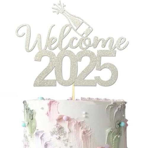 Welcome 2025 New Year Cake Topper - Silver Glitter Happy New Year Cake Topper, Hello 2025, Cheers to 2025 Cake Picks for Silvester, Christmas, Happy Holidays Party Decorations von Topfunyy