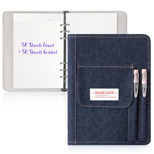 Toplive Denim A5-Aktenordner Notebook, 6-Ring-Ordner, Planer, Notizbucheinband für A5-gefülltes Papier,Binder verfügt über dunkelblaue Denim Bindemittel Abdeckung von Toplive