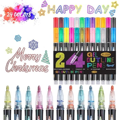 Toplive Metallic Marker Stifte Set,24 Farben Dual Tip Metallic Stifte Wasserfest Permanent Marker Stifte Steine Bemalen Multimarker für Fotoalbum zum Selbstgestalten,Holz,Leinwand,Glas, Papier,Keramik von Toplive