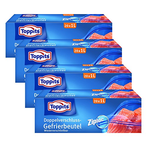 Toppits Doppelverschluss Beutel 1L (17 x 17cm), 4er Pack (4 x 20 Beutel) von Toppits