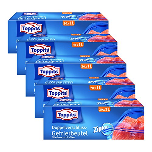 Toppits Doppelverschluss Beutel 1L (17 x 17cm), 5er Pack (5 x 20 Beutel) von Toppits