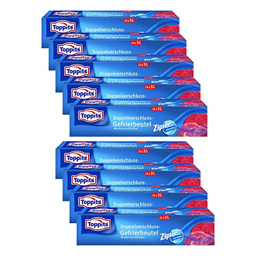 Toppits Doppelverschluss Beutel 3L (27 x 24cm), 9er Pack (9 x 15 Beutel) von Toppits