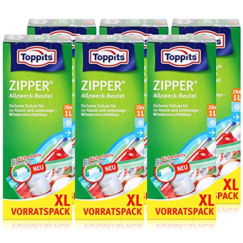 Toppits Zipper Allzweck-Beutel 20x15cm - Vorratspack XL 28x1 Liter (6er Pack) von Toppits