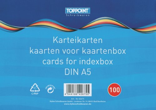 1000 (10x 100) Stylex Karteikarten DIN A5 weiss liniert von Toppoint