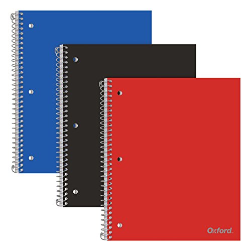 Oxford Spiralnotizbücher, 1 Thema, College-Papier, robuster Kunststoffeinband, 100 Blatt, Trenntasche, 3 pro Packung (10390), Rot, Schwarz und Blau von Oxford