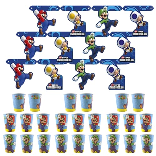 Super Mario Partyware Raumbanner & Pappbecher - 3 Banner & 24 Becher von Toptoys2u Bargain Bundles