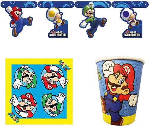 Toptoys2u Bargain Bundles Nintendo Super Mario Bros. 3-teiliges Party-Set, 8 Pappbecher, 16 Servietten und 150 cm großes Raumbanner (33 cm x 33 cm) von Toptoys2u Bargain Bundles