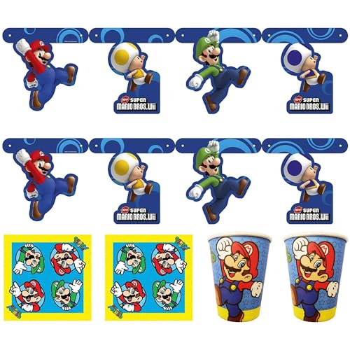 Toptoys2u Bargain Bundles Nintendo Super Mario Bros. 6-teiliges Partyset, 2 x 8 Pappbecher, 2 x 16 Servietten und 2 x 150 cm große Raumbanner von Toptoys2u Bargain Bundles