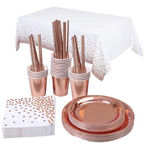 TOPWAYS Roségold Geburtstagsdeko Partygeschirr Pappteller Set, Einweg Papier Teller Tischdecke Pappbecher Servietten Partyzubehör zum Geburtstag kinder Männer Frauen, Hochzeiten, Jubiläums (16 Gäste) von TOPWAYS