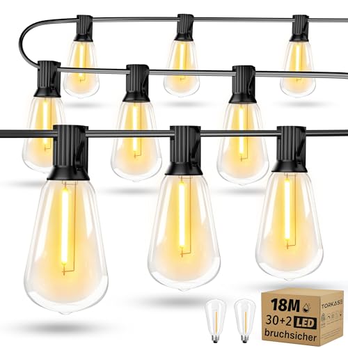 Torkase LED Lichterkette Außen Strom 18m - Outdoor Lichterketten 60FT mit Aussen Wetterfest 30+2 ST38 Glühbirne Warmweiß Aussenlichterkette für Balkon Garten Pavillon Terrasse Vorzelt Hochzeit Party von Torkase