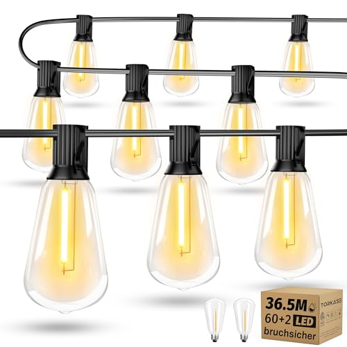 Torkase LED Lichterkette Außen Strom 36.5m - Outdoor Lichterketten 120FT mit Aussen Wetterfest 60+2 ST38 Glühbirne Warmweiß Aussenlichterkette für Balkon Garten Pavillon Terrasse Vorzelt Hochzeit von Torkase