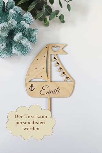 Holzstecker Caken Topper | Kommunion - Konfirmation - Firmung - Taufe | Wimpel & Boot | personalisiert von Tortenpixel