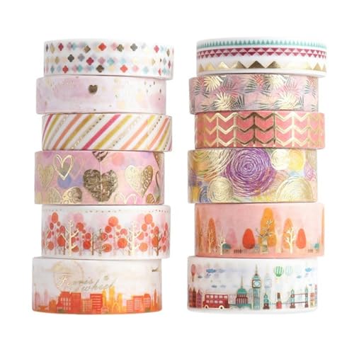 Torytoe Washi Tape,12 Rollen Washi Klebeband Set Dekoratives Washi-Tape Goldfolie Dekorative Klebebänder Masking Tape DIY Papier Tape für Scrapbooking, Handwerk Und Bullet Journals, 15mm x 2m (A) von Torytoe