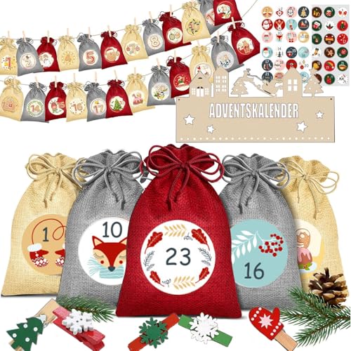 Adventskalender 2024 zum befüllen Stoff Weihnachtskalender aus Holz mit 24 Stoffbeutel Groß 18 x 13 cm, 24 Weihnachtsklammern und 2 Adventskalender Sticker von Tosoda