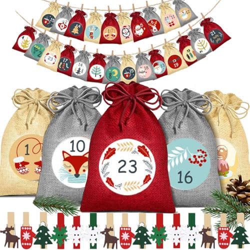 Adventskalender 2024 zum befüllen Stoff Weihnachtskalender aus Holz mit 24 Stoffbeutel Groß 18 x 13 cm, 24 Weihnachtsklammern und 2 Adventskalender Sticker von Tosoda