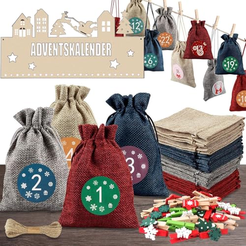 Adventskalender 2024 zum befüllen Stoff Weihnachtskalender aus Holz mit 24 Stoffbeutel Groß 18 x 13 cm, 24 Weihnachtsklammern und 2 Adventskalender Sticker von Tosoda