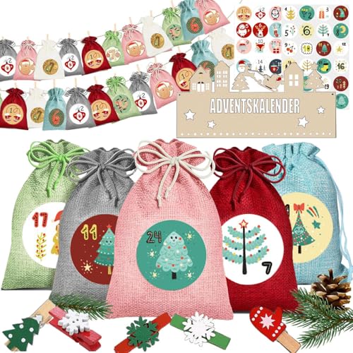 Adventskalender 2024 zum befüllen Stoff Weihnachtskalender aus Holz mit 24 Stoffbeutel Groß 18 x 13 cm, 24 Weihnachtsklammern und 2 Adventskalender Sticker von Tosoda