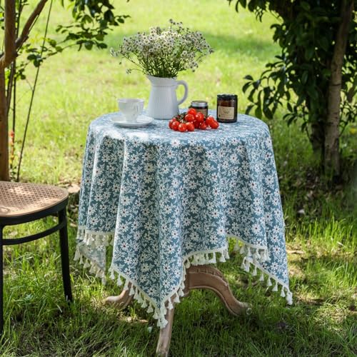 Tospass Tischdecke Rechteckig 140x180cm Blau Blumen Quaste Tischtuch Herbst Outdoor Garten Vintage Tischdecken Schmutzabweisend Wasserabweisend Polyester-Baumwolle Abwaschbar Tafeldecke von Tospass