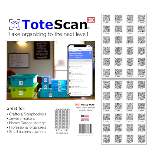 ToteScan HD (Heavy Duty, Tough Labels) Intelligente Smart QR-Etiketten für Organisation/Umzug/Aufbewahrung (48 einzigartige Etiketten, 3,8 x 3,8 cm) Einfaches Verpacken und Verfolgen Ihrer Artikel von ToteScan