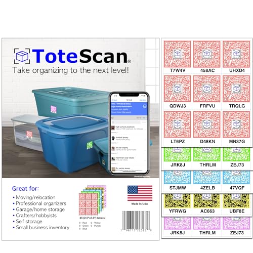 ToteScan Intelligente QR-Etiketten für Organisation/Umzug/Aufbewahrung (45 einzigartige Etiketten, 6,3 x 7,6 cm), mehrfarbig (rot/grün/blau/gelb/lila) (mehrfarbig) von ToteScan