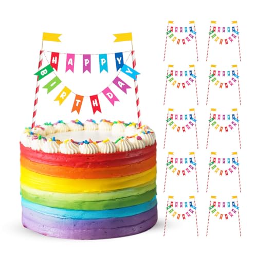 Totely Tortenaufleger Regenbogen - 10 Stück "Happy Birthday" Tortenaufsätze in buntem Regenbogen-Design für Geburtstagskuchen, Abendessen und Partys von Totely