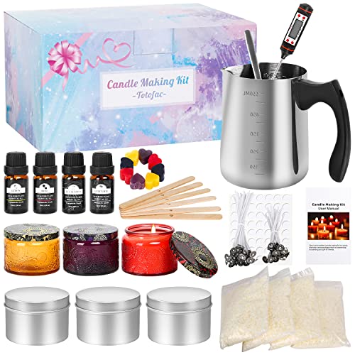 Kerzenherstellung Kit, DIY Kerzen Selber Machen Set, Duftkerze Geschenke Set mit 600ml Schmelztopf, 480g Sojawachs, 6 Kerzendosen, 4 Duftöle, 10 Farbblöcke, 50 Candle Wicks, Für anfänger genial (A) von Totofac