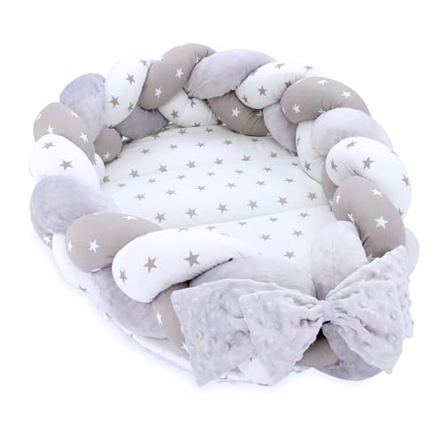 Babynest Neugeborene Nestchen Baby 75 x 45 cm – Plüschstoff Kuschelnest mit Zopf Kissen zerlegbares Set zweiseitig Babynestchen Babybett Sterne von Totsy Baby