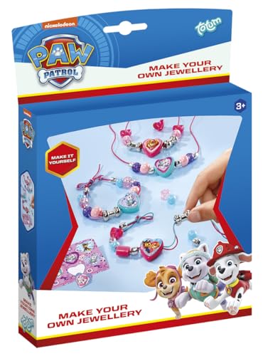 Paw Patrol Schmuck-Set basteln mit 3 farbigen Bändern, Motivperlen, Perlen in Herzform, Metallperlen in Knochenform, silbernen Perlen, Motiv-Sticker von Totum