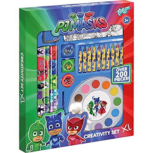 TM Essentials Masks Mega Kreativ-Set über 200 Teile - Ausmalbilder, Sticker, Stempel der Helden Owlette, Catboy und Gekko, bunte Wachsmalstifte, Wassermalfarbe PJ MASKS MEGA KREATIVSET von Totum